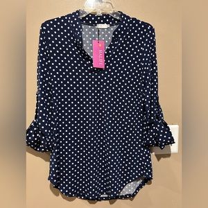 Navy blue polka dot- Long sleeved button-up length sleeve. Size M